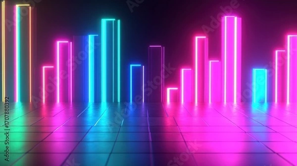 Obraz Neon rectangular shapes, various bright colors, glowing on a tiled floor, creating a futuristic, vibrant visual