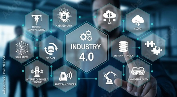 Fototapeta Industry 4.0 Hexagonal Interface with Large Icons — IoT, Robotics, Big Data, Cybersecurity, Cloud