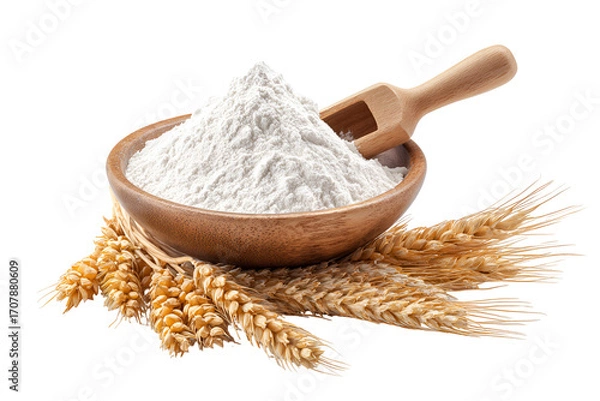 Obraz White flour in wooden bowl with wheat stalks
