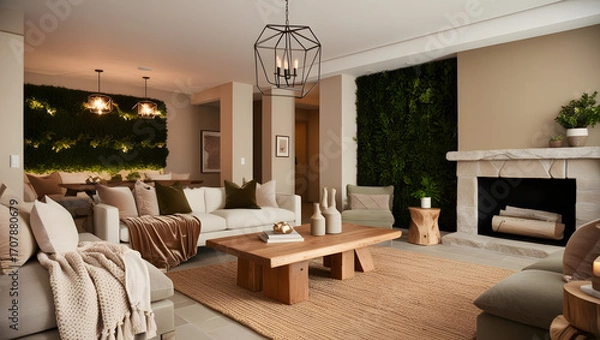 Fototapeta A cozy retreat with a modern twist, this neutral-toned living space features layered textiles such as plush throw blankets, velvet pillows, and a natural fiber rug