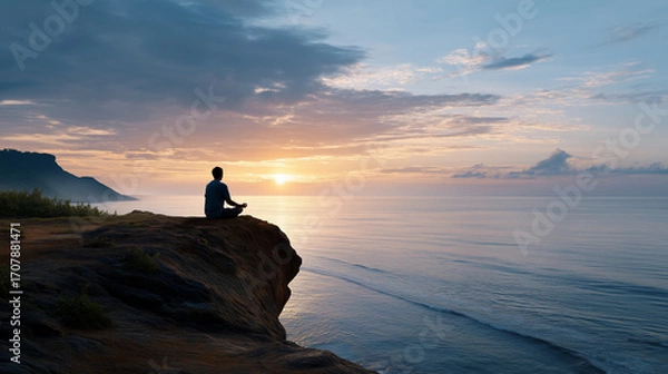 Obraz 崖の上で朝日を眺めながら瞑想する男性のシルエット