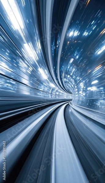 Fototapeta A dynamic, abstract image depicting a high-speed train traversing a curved tunnel at night, city lights streaking in the background, conveying motion and speed