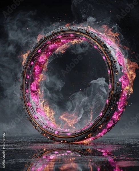 Fototapeta A fiery, metallic ring, adorned with pink gems, rests on a dark, reflective surface, enveloped in swirling smoke and flames; a surreal, digital rendering