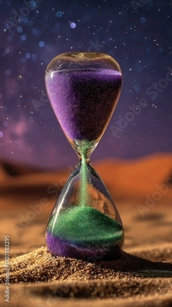 Fototapeta A glass hourglass containing purple and green sand sits on a desert dune against a night sky shimmering with bokeh
