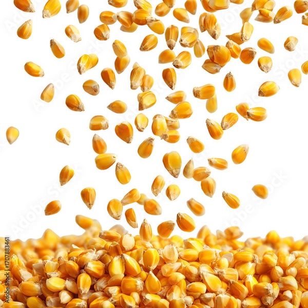 Obraz A golden shower of raw corn kernels falling down into a heap, representing agricultural harvest and abundance on a clean white background