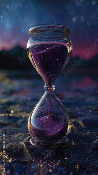 Fototapeta A glass hourglass filled with purple, cosmic sand sits on a dark, glittering surface against a backdrop of a twilight sky, mountains, and stars