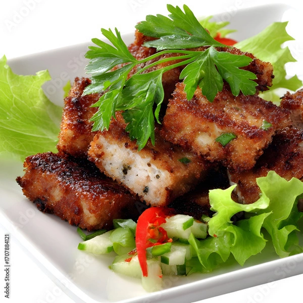 Obraz Delicious golden brown fried tofu cubes served as a savory appetizer on a bed of fresh lettuce with parsley garnish