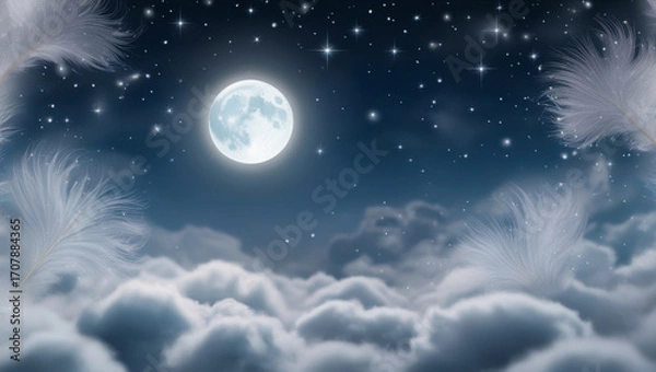 Fototapeta Night sky background with full moon glowing, soft scattered clouds, shining stars around, mysterious yet peaceful mood