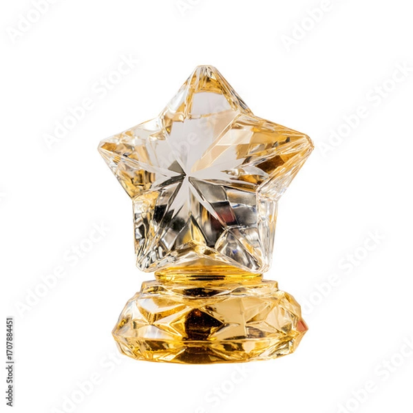 Obraz Brilliant faceted crystal star trophy with a golden base, symbolizing success, victory, and recognition. Isolated on a white background