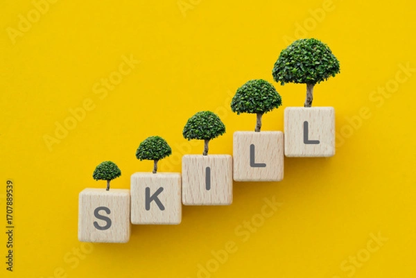 Fototapeta SKILL text on wooden cube blocks with different size of tree above on yellow background