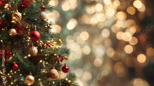 Obraz Beautifully Decorated Christmas Tree with Lights and Ornaments