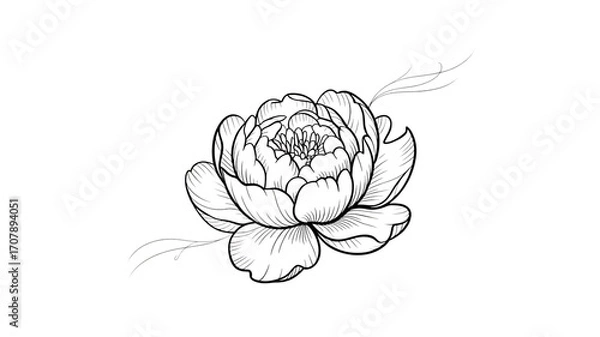 Fototapeta Elegant white peony flower illustration with detailed lines on a black background, perfect design.