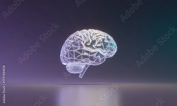 Fototapeta Futuristic glowing polygonal human brain model with neural network connections, ideal for illustrating artificial intelligence, cognitive science, and technology concepts