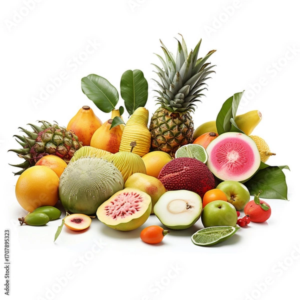 Fototapeta Vibrant assortment of fresh ripe and colorful tropical fruits and seasonal vegetables including pineapple oranges limes grapefruit kiwi strawberries and more displayed on a clean white background