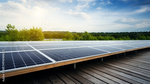 Fototapeta Large scale solar power farm with rows of shiny photovoltaic panels installed on raised platforms in a picturesque rural landscape generating clean renewable electricity for the grid
