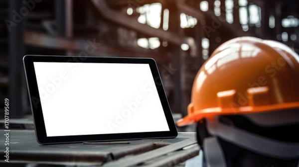 Fototapeta Laptop on Desk in Modern Office Workspace with Orange Safety Helmet Showing Technology Productivity and Efficiency in the Workplace
