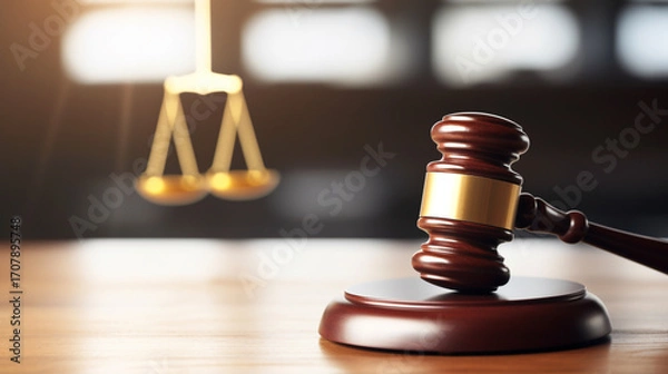 Fototapeta Wooden gavel on table in courtroom setting signifying the legal process of judicial review courtroom proceedings and judicial decision making for legal matters and lawsuits