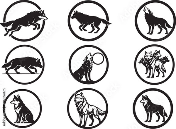 Obraz Wolf Silhouette Vector Bundle – Howling, Running, Standing Wolf Clipart Pack on White Background