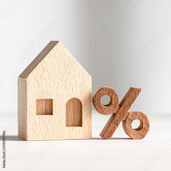 Fototapeta A wooden house model with a percentage symbol beside it, symbolizing finance, investment, or mortgage concepts.