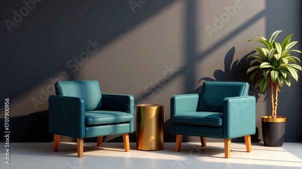 Fototapeta Modern Teal Armchairs and Gold Side Table in a Cozy Living Space
