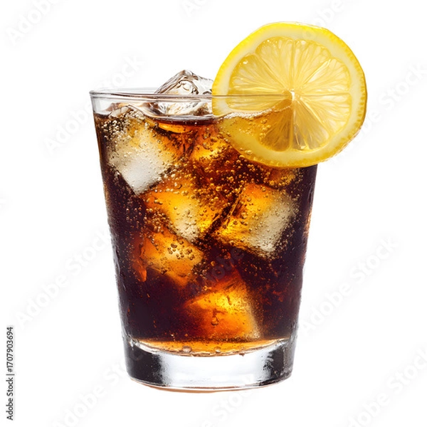 Fototapeta Refreshing soda drink with lemon slice in a glass on white background