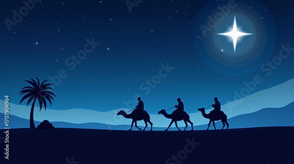 Fototapeta The way of hope, Camel Caravan in Desert at Night with Crescent Moon