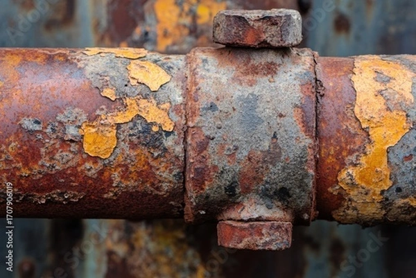 Fototapeta Rusty metal pipe with peeling yellow paint and corroded bolts showing weathered texture and decay on industrial equipment