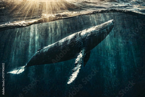 Fototapeta Majestic Humpback Whale Swimming in Sunlit Ocean Depths