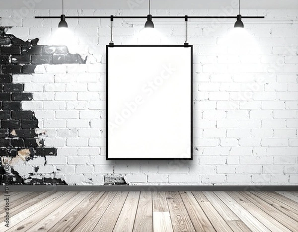 Fototapeta Blank vertical poster frame mockup on a distressed black and white brick wall illuminated by spotlights.