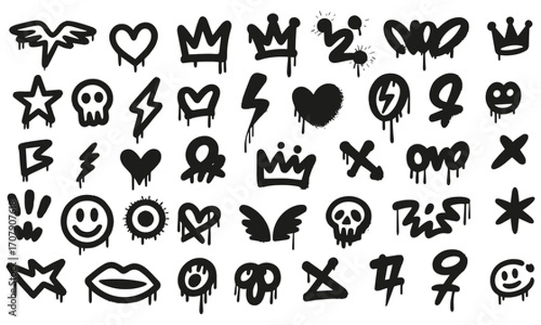 Obraz Graffiti Icon Silhouette Set  Urban Street Art Symbols and Spray Paint Vector Collection