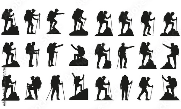 Obraz Hiking Silhouette Icon Set  Trekking, Backpacker, and Outdoor Adventure Vector Collection