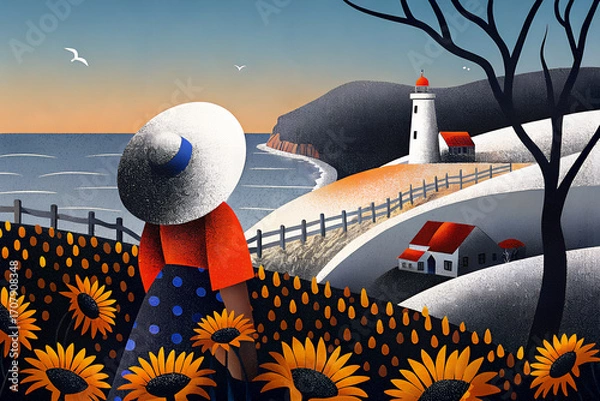 Obraz 海辺のヒマワリ畑と建物と人の後ろ姿
