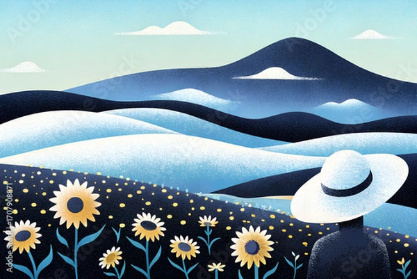 Obraz 山をバックに丘の上のヒマワリ畑と人の後ろ姿
