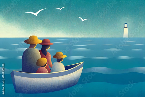 Obraz 小舟に乗って海に出る親子
