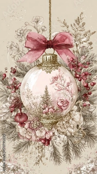 Fototapeta old-fashioned snow globe, with a christmas tree inside the glass ball,set against a delicate pink background in a vintage style.