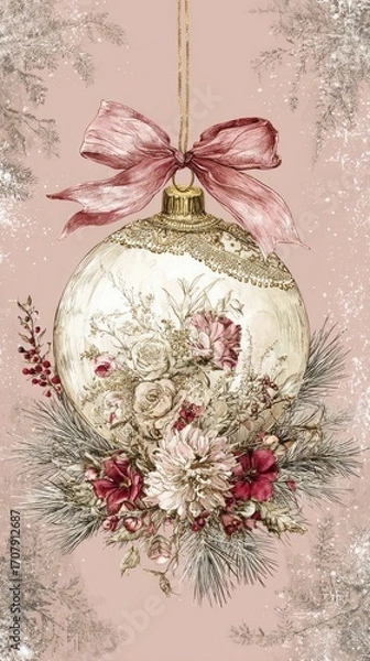 Fototapeta old-fashioned snow globe, with a christmas tree inside the glass ball,set against a delicate pink background in a vintage style.