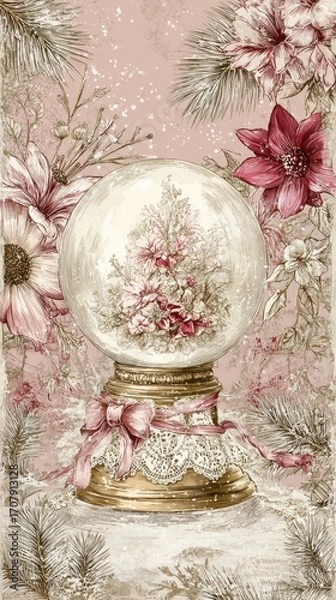 Fototapeta old-fashioned snow globe, with a christmas tree inside the glass ball,set against a delicate pink background in a vintage style.