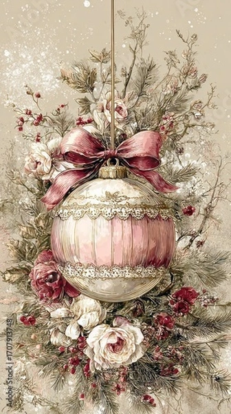 Fototapeta old-fashioned snow globe, with a christmas tree inside the glass ball,set against a delicate pink background in a vintage style.