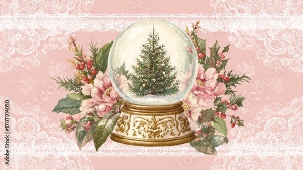 Fototapeta old-fashioned snow globe, with a christmas tree inside the glass ball,set against a delicate pink background in a vintage style.