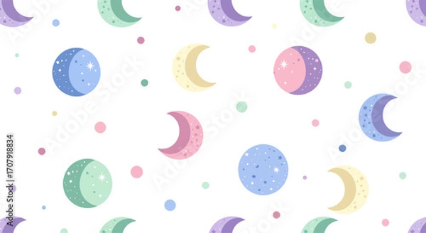 Fototapeta Colorful celestial bodies pattern on a white background, moons and stars.