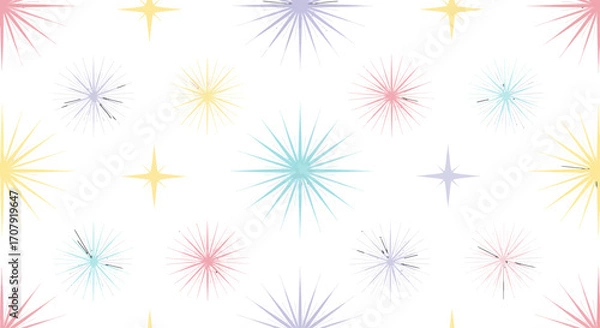 Fototapeta Colorful starbursts and sparkles on a white background, festive and bright.