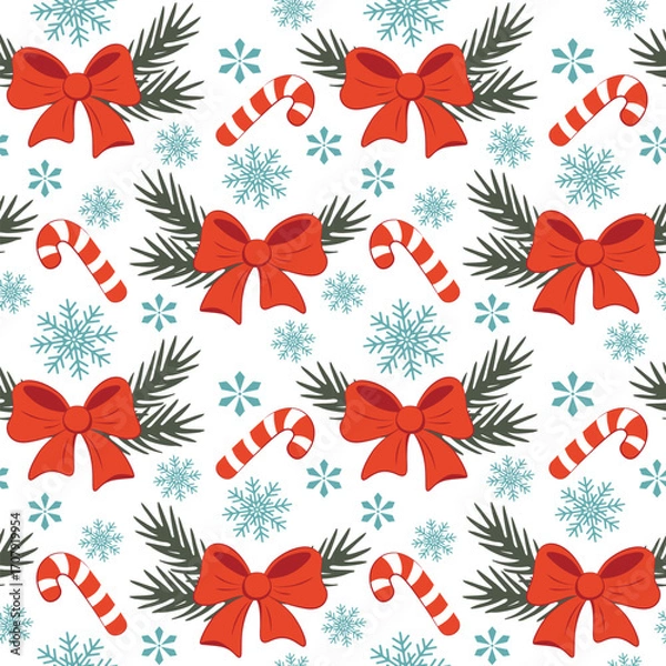 Obraz Seamless Christmas Pattern with Holiday Ribbon Bows, Evergreen Sprigs and Candy Canes Repeat on White Background