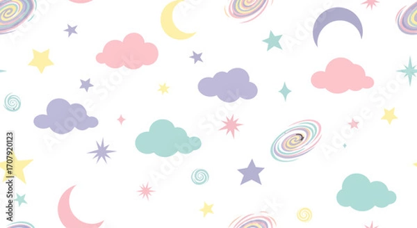 Fototapeta Cute pastel celestial pattern with clouds stars and moons.