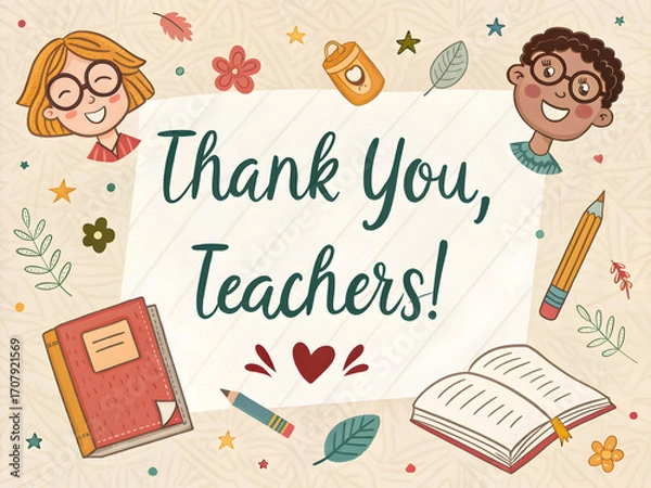 Obraz Heartfelt thank you teachers illustration with cartoon children books pencils and decorative elements perfect for teacher appreciation week or end of year gifts and educational resources