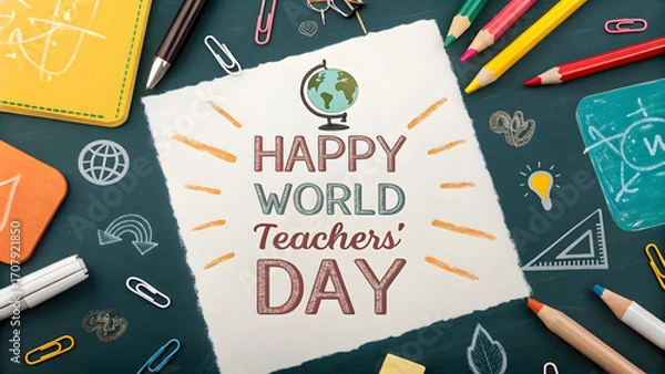 Obraz Happy world teachers' day celebration with colorful pencils paper clips and educational doodles on a dark green background perfect for school events and teacher appreciation posts and social media