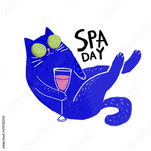 Obraz Funny illustration of a blue cat having a spa day – relaxing with cucumber slices on the eyes and holding a cocktail.