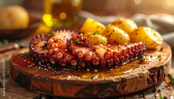 Obraz Grilled octopus tentacle with boiled potatoes seasoned with paprika on wooden board