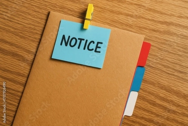 Fototapeta Important blue notice pinned securely to a tan business document folder on a clean wooden desk, providing essential information for professional organization
