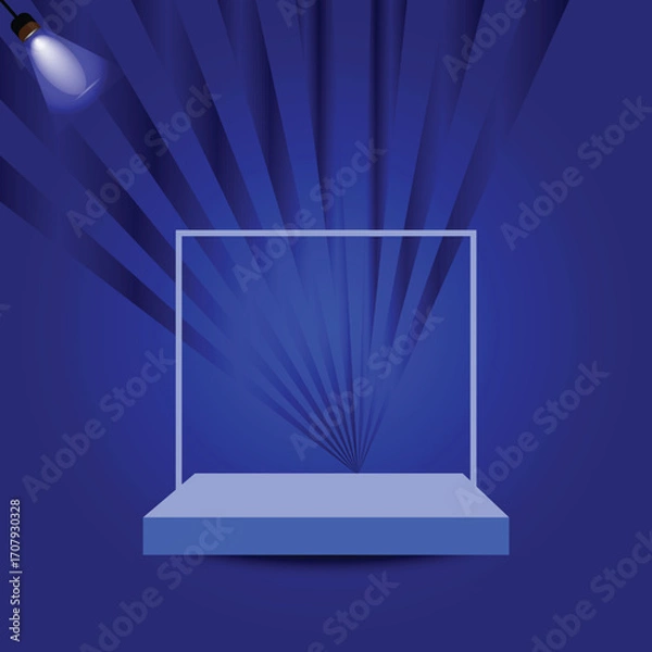 Fototapeta Empty Blue Stage Podium with Spotlight and Radial Light Rays Background empty stage platform