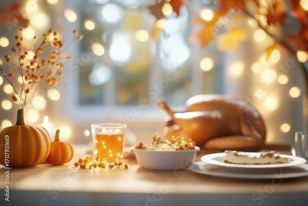 Fototapeta Thanksgiving feast: roasted turkey and autumn decor on a rustic table setting